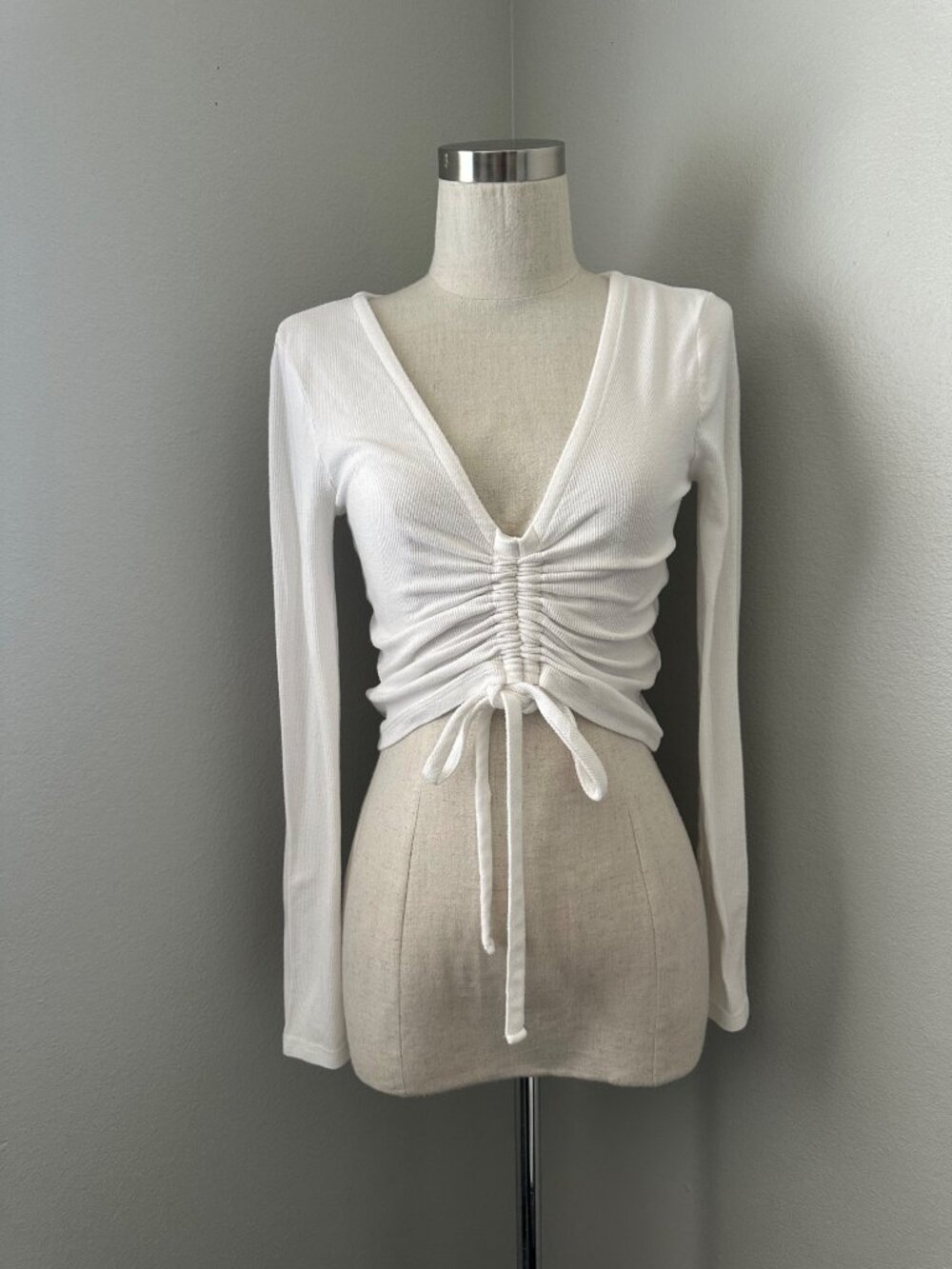All Saints LS Rina Glitza Slim Fit Ribbed Shirt V Neck Drawstring Cropped Minima
